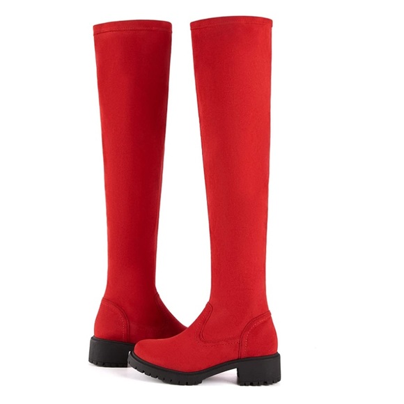 Suede Over The Knee Boots Round Toe Side Zipper Flat Thigh High Boots Red - Picture 5 of 5